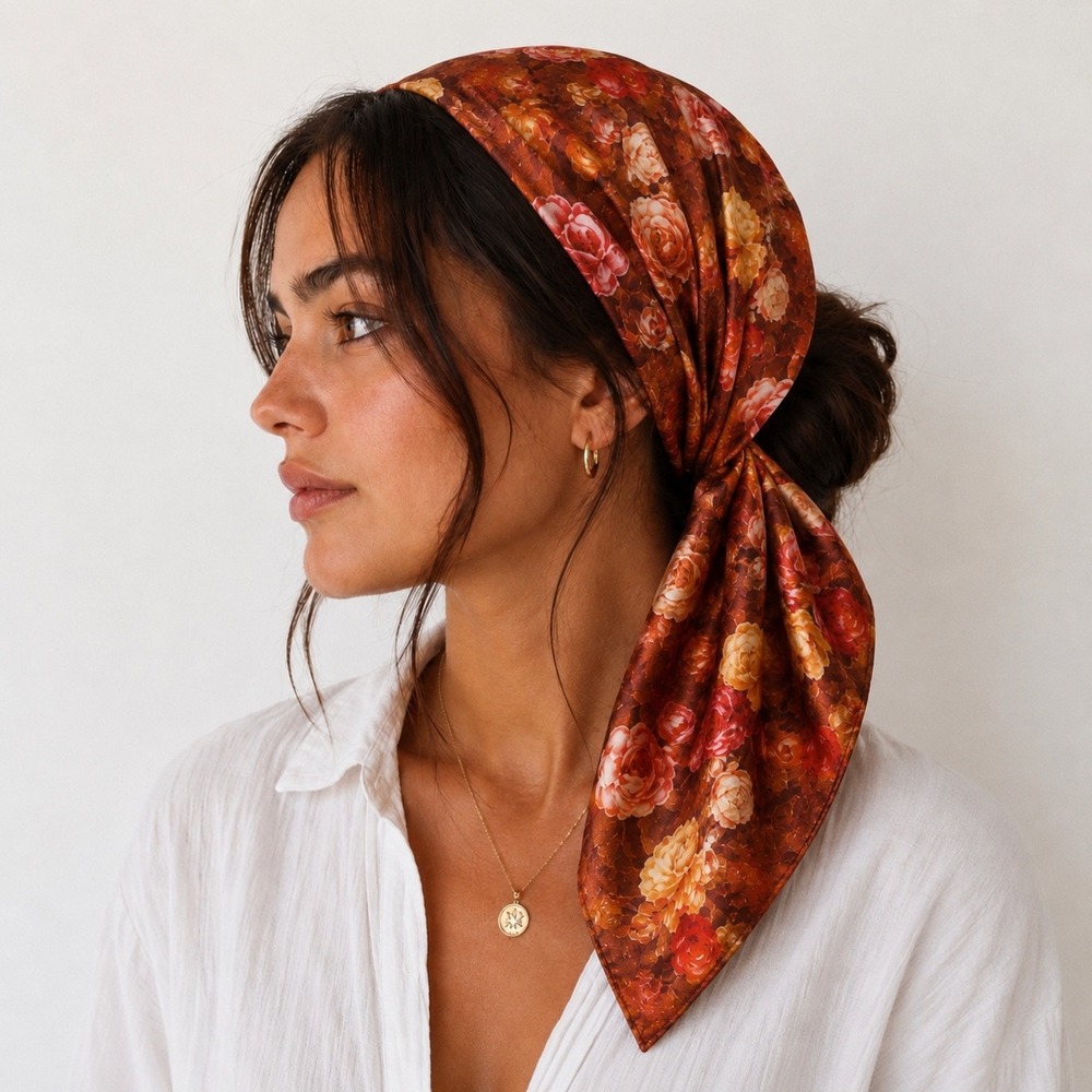 Hunkaripek Floral Rose Square Scarf Womens Brown‎ Silk Blend Boho Cottagecore
